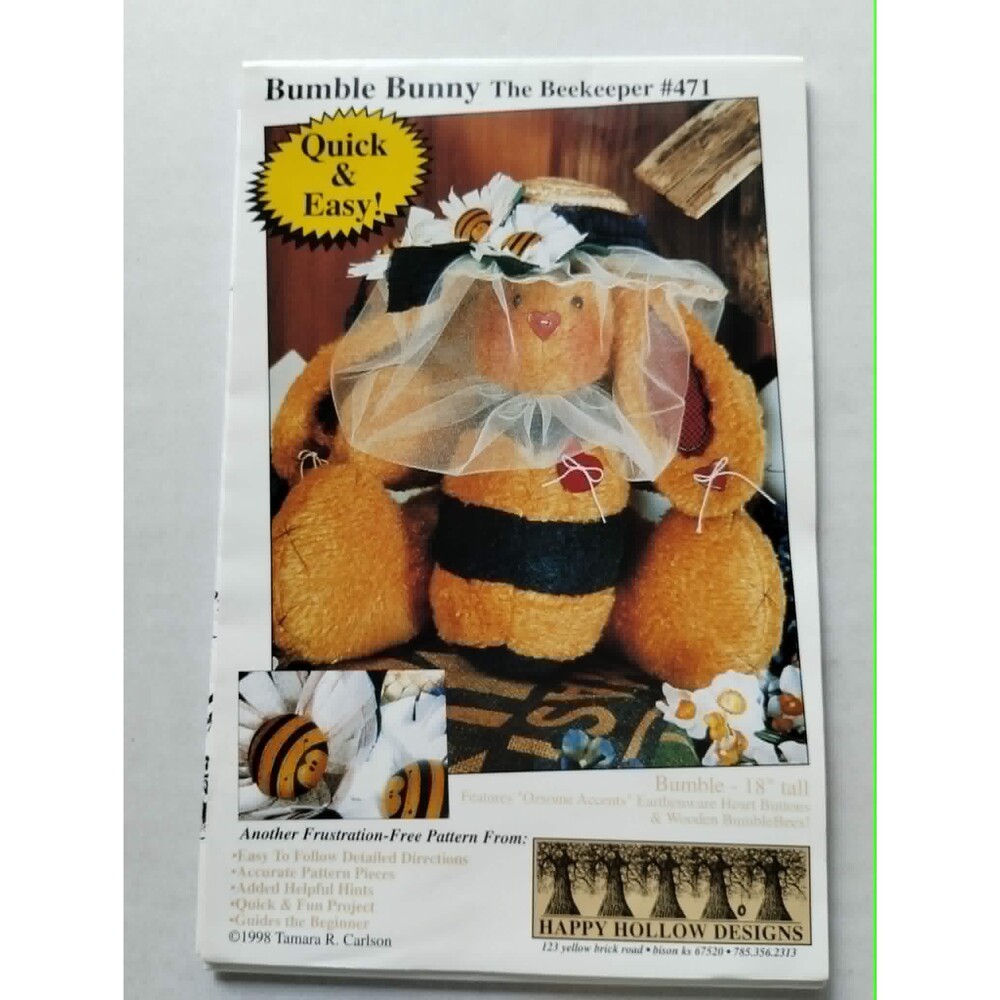 471 Bumble Bunny Beekeeper 18" Stuffed Bunny Sewing Pattern, HappyHollow Designs
